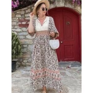 Zara Maxi Dress Embroidered Floral Print Hippie Boho Shell Embellishment Sz LG